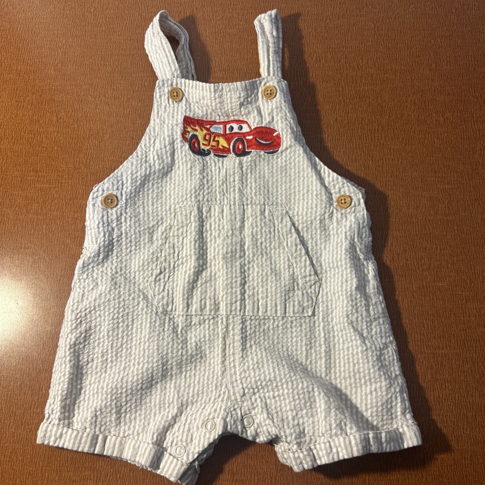Disney‎ Baby Overalls Boys 6/9 Months Lightning McQueen Pixar Cars Seersucker
